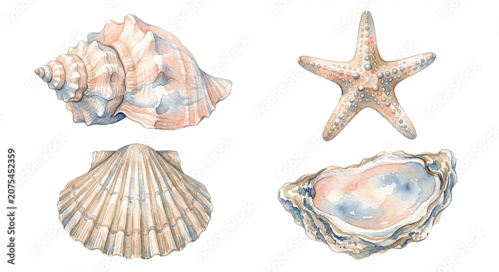 Fototapeta premium Elegant Watercolor Sea Shell Set Featuring Conch, Scallop, Oyster Shell and Starfish