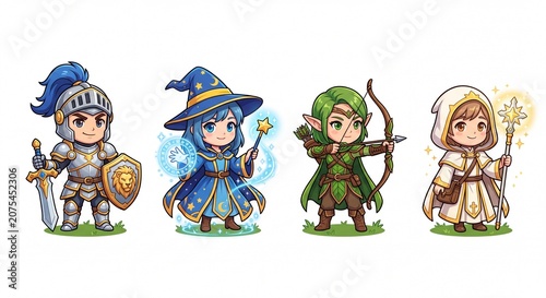 Adorable Chibi Fantasy Adventure Characters Featuring Warrior, Mage, Ranger and Cleric