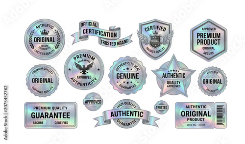 Premium Silver Holographic Labels and Guarantee Seals Vector Set