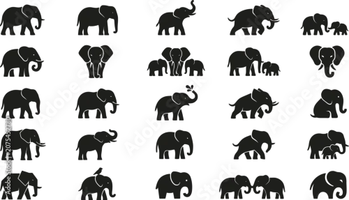 Fototapeta samoprzylepna  Elephant silhouette vector set wildlife African animal family illustration collection