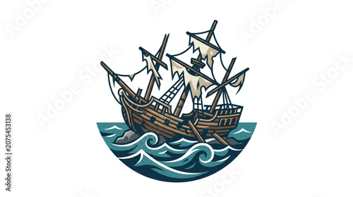 Cuadro en lienzo Old wooden sailing ship on the sea with torn sails.