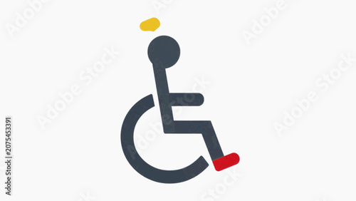 Wheelchair symbol with red foot rest and white head circle, accessibility icon, flat cartoon vector illustration isolated on white background