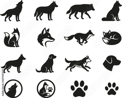 Canvas Print Wolf fox dog silhouette vector set animal paw print icon collection
