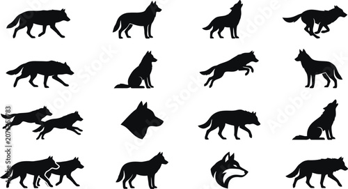 Schilderij op canvas Wolf silhouette vector set running walking standing wild canine collection
