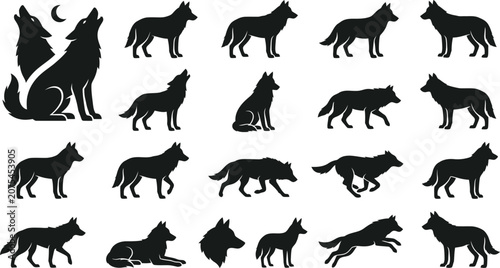 Schilderij op canvas Wolf silhouette vector set pack wild canine animals multiple poses illustration