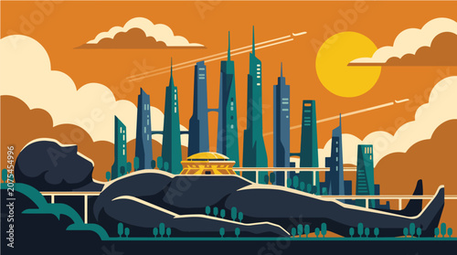 Cuadro en lienzo Surreal Sleeping Giant Figure with a Futuristic City Built Upon His Body Landsca