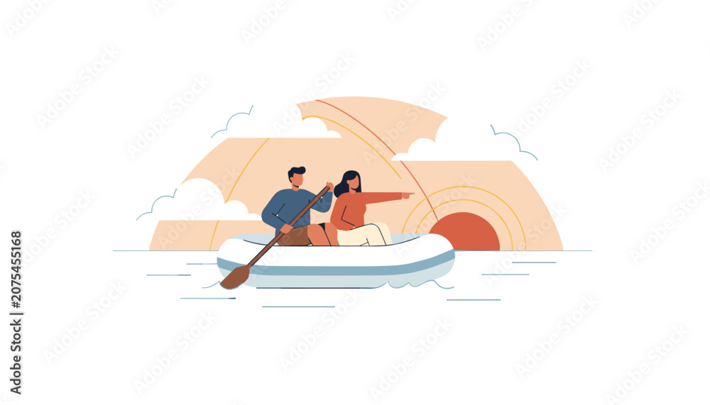 Fototapeta premium Couple paddling in a small white boat on calm water while pointing at the horizon during a peaceful sunset sky.