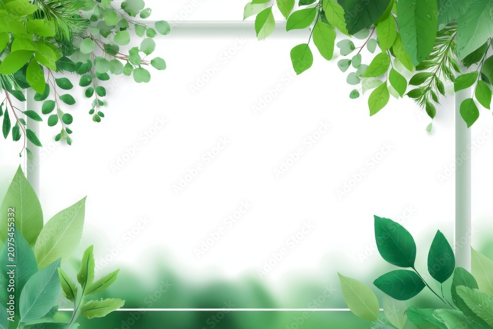 Fototapeta premium green frame with grass, hills, and leaves on white background