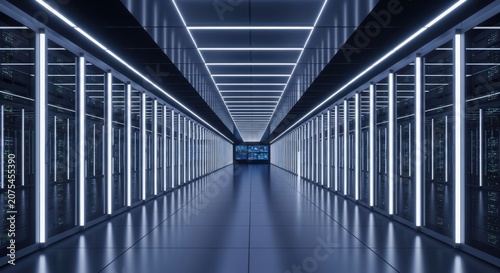 Modern architectural corridor with symmetrical pillars and illuminated ceiling