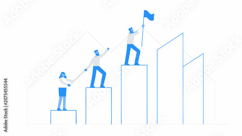 Billede på lærred Line art illustration of people ascending steps with a flag white background