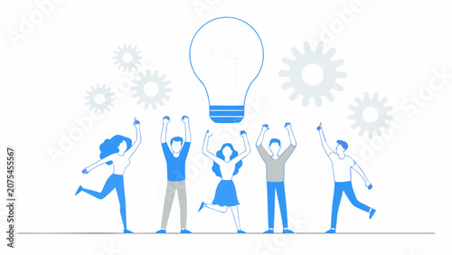 Slika na platnu People Celebrating With Lightbulb And Gears Vector Illustration