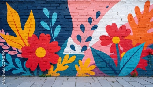 Colorful mural art on brick wall featuring abstract flowers and leaves. Vibrant botanical pattern in flat design style. Urban street art adds bright decoration to building exterior.