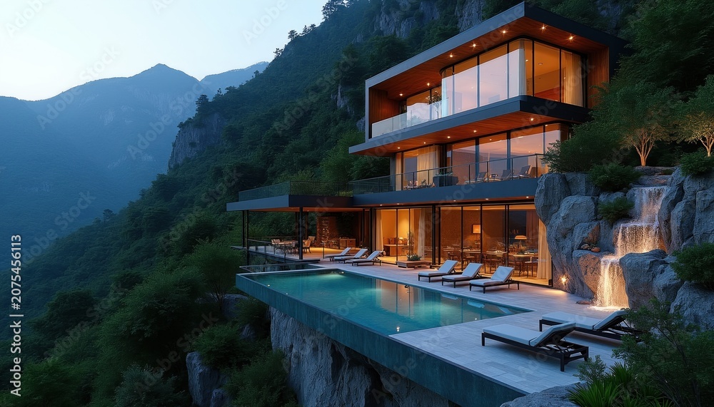 Fototapeta premium Modern luxury villa built into mountainside. Infinity pool overlooks forest valley. Waterfall cascades near building, offering serene relaxation and scenic views.