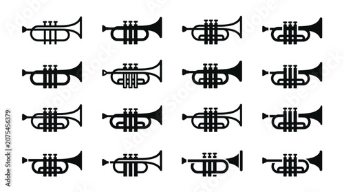 Schilderij op canvas Collection of Trumpet Silhouettes Isolated on White Background.