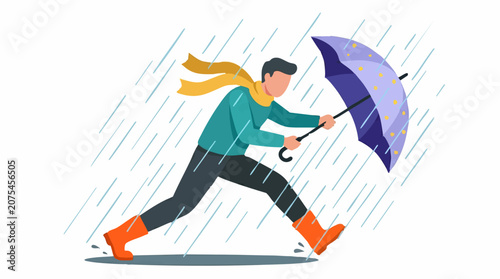 Vászonkép Man running in rain with umbrella, battling strong wind, flat illustration