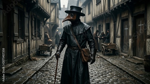 Plague doctor in a medieval street wearing a beaked mask, evoking historical pandemics, mystery and dark history
