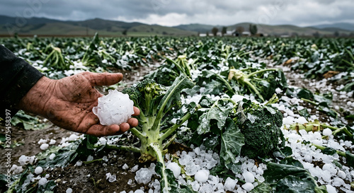 Close-up of hand holding hailstones in damaged broccoli field after storm. Broken crops, muddy soil, overcast sky, agricultural disaster, rural landscape, nature destruction impact.