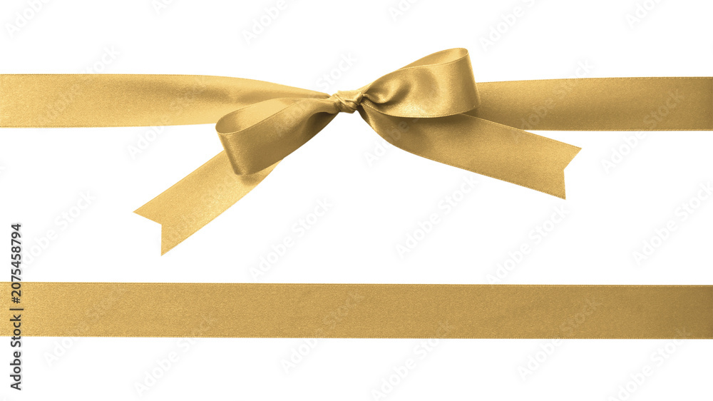 Naklejka premium Gold bow ribbon band satin golden stripe fabric (PNG isolated on transparent background) for Christmas holiday gift box, greeting card banner, present wrap design decoration ornament
