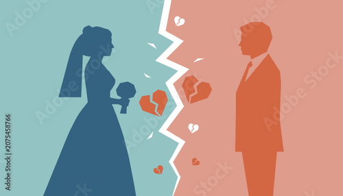 Abstract illustration representing a broken marriage with a couple in silhouettes separated by a jagged crack and broken hearts.