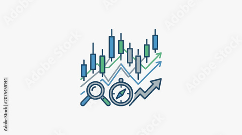 Financial stock market trading chart analysis with compass and magnifying glass.