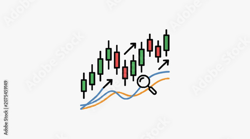 Candlestick chart with magnifying glass and arrows indicating growth.
