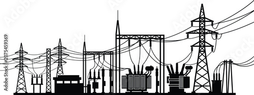 Bild auf Leinwand Electrical power station silhouette against a white background depicting transmi