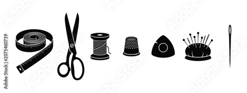 Set of black sewing icons including scissors tape measure thread spool thimble and needle.