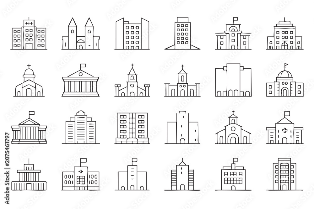 Fototapeta premium Civic Institution Outline Icons Including Museum University Hospital and Office Buildings