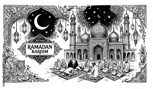 Sticker Ramadan Kareem Prayer and Mosque Hand Drawn Vector Illustration
