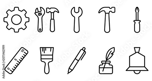 Line art icons of tools and stationery