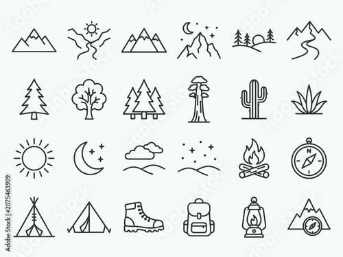 Set of minimal nature and camping line art icons.