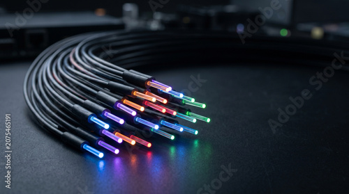 Fiber optic cables with glowing light ends representing AI technology concept