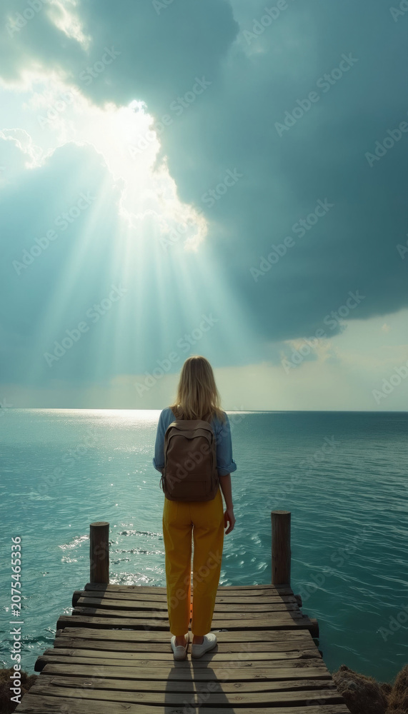 Fototapeta premium Blonde woman with backpack on wooden pier looks at sea. Sun rays break through cloudy sky. She stands at ocean horizon, feeling freedom and tranquility. Vacation awaits.