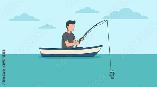 Schilderij op canvas Man fishing from a boat on calm water, catching a fish, flat illustration