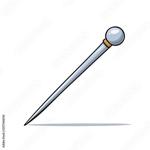 Illustration of a single sewing pin with a round head and pointed sharp metal shaft casting a subtle shadow