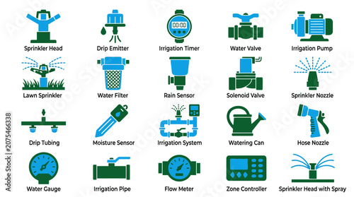 Gardening Irrigation System Icons: Sprinklers, Drip Emitters, Timers, Valves, Pumps