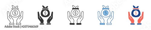 Icon set representing financial security, savings, and investment, with human hands cradling a money bag, symbolizing wealth protection and economic growth