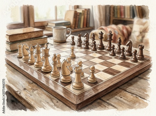chess game on wooden table with book and coffee cup