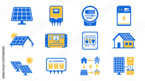 Solar Power System Icons: Panels, Inverters, Meter, House, Grid Connection