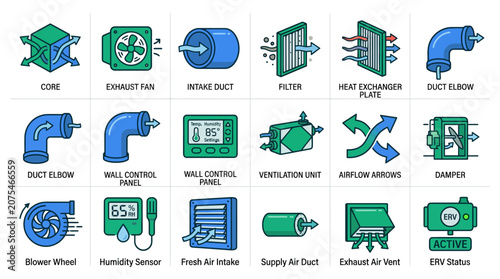 HVAC Icons: Ventilation, Airflow, Heating, Cooling Systems and Components