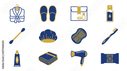 Hotel Amenities Icons Set: Bathrobe, Slippers, Toiletries, Hairdryer, Towel, Toothbrush