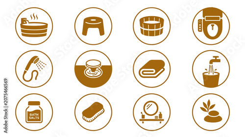Spa and Bathroom Icons: Bathtub, Shower, Toilet, Towel, Bath Salts, Mirror