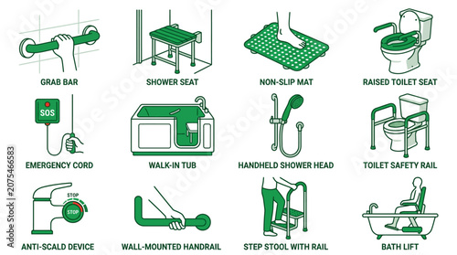 Home Bathroom Safety Aids for Seniors and Disabled: Icons Set
