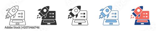 Digital project launch concept icon featuring a rocket taking off from a laptop screen, symbolizing rapid technology development, innovative startup growth, and efficient solution deployment