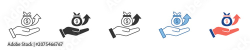 Illustrative concept icons depicting financial growth, successful investment, increasing profits, and secure savings, each featuring a hand holding a money bag with an upward trending arrow
