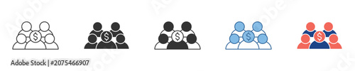 Modern vector icons depicting a group of people with a central money symbol, perfect for illustrating business investment, financial collaboration, and wealth management concepts