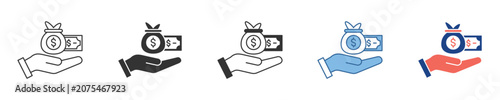 A versatile collection of financial icons illustrating savings, investment, and monetary transactions, featuring a hand holding a money bag and a banknote in various graphic styles