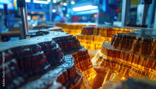Close-up of glowing 3D printed topographic landscape model.