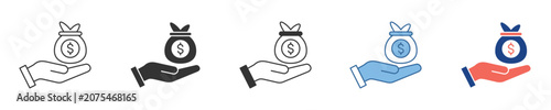 Icon set of hand holding money bag, representing financial concepts like savings, income, payment, and wealth transfer. Ideal for business and banking applications