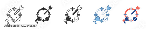 Icon collection depicting on-target success, time management, and achieving goals efficiently, symbolizing productivity and effective strategic planning